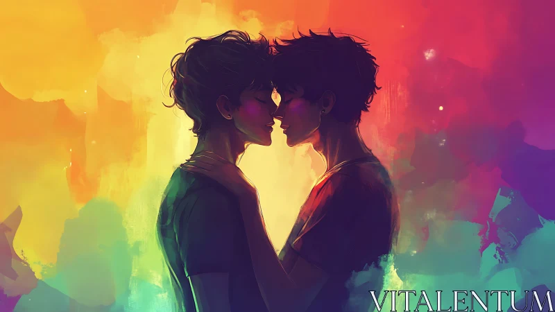 Two Figures in Intimate Moment Against Vibrant Gradient.