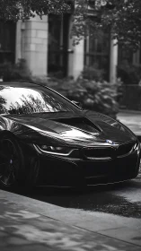 Monochrome BMW sports coupé in urban streetscape profile