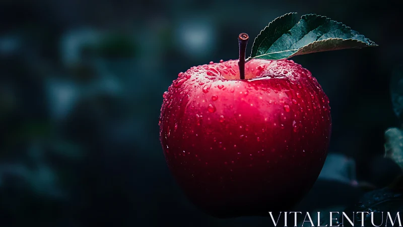 Single red apple is suspended against a dark blurred background