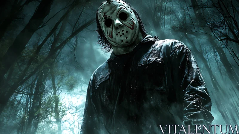 Masked figure in wet shirt standing in dim forest clearing.