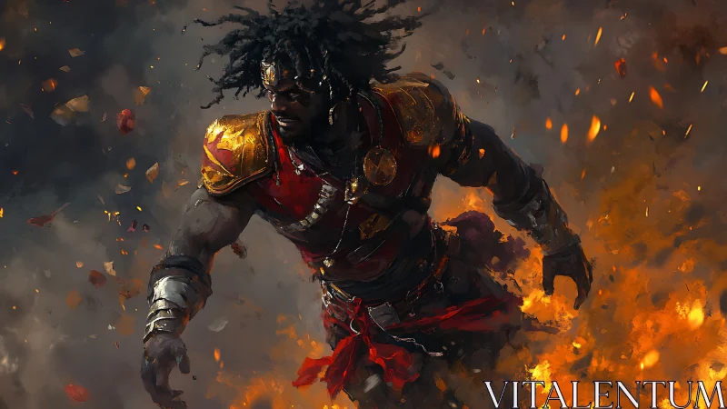 Armored warrior in red traversing smoke and scattered fire.