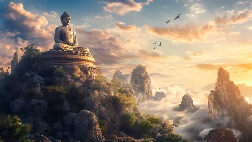 Monumental Buddha statue on misty mountain ridge at sunrise