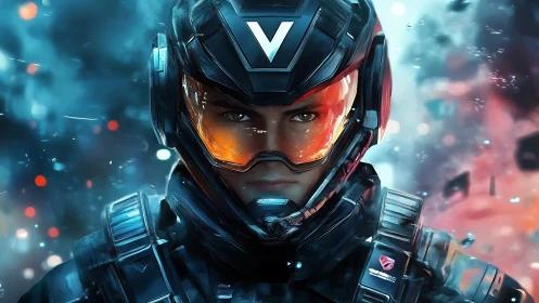 Armored space soldier stares ahead through blazing visor.