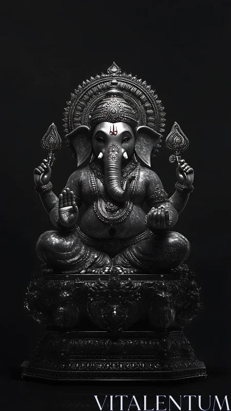 Monochrome seated Ganesha idol with ornate headdress detail.