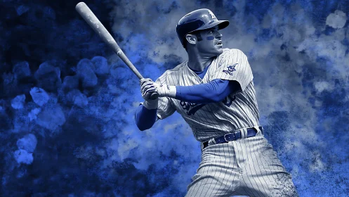 Baseball slugger readies swing in bold blue digital haze.