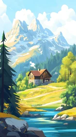 Alpine timber cabin by stream under sunlit snowcapped peaks