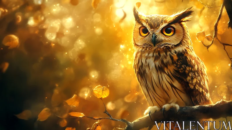 Majestic owl perched on branch in glowing autumn forest scene.