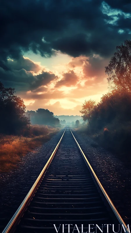 Linear perspective railway under turbulent chromatic sky.
