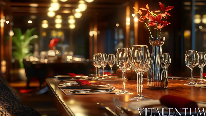 Formal dining table scene shows multiple glasses and centerpiece