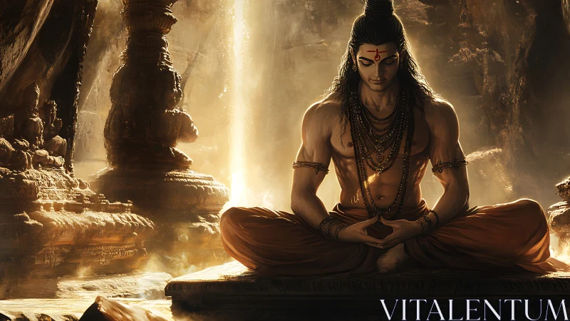 Seated ascetic in cave temple interior with warm light.