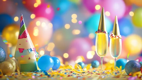 Champagne Flutes Among Colorful Party Decorations and Balloons.