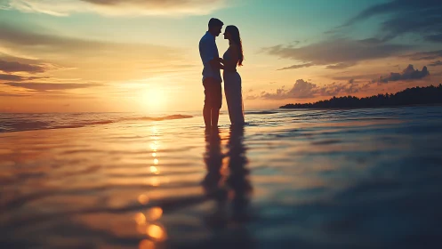 Silhouetted Couple Embracing at Sunset Beach with Golden Hour Reflection