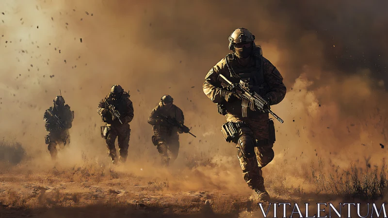 Armored infantry squad advancing through explosive desert dust