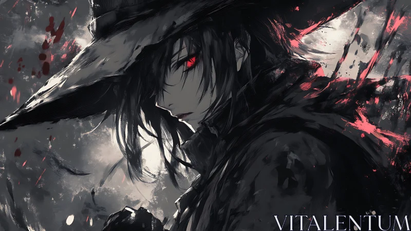 Dark anime witch hunter with glowing red eyes portrait.