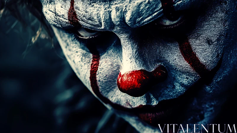Sinister clown portrait stares forward in chilling shadows