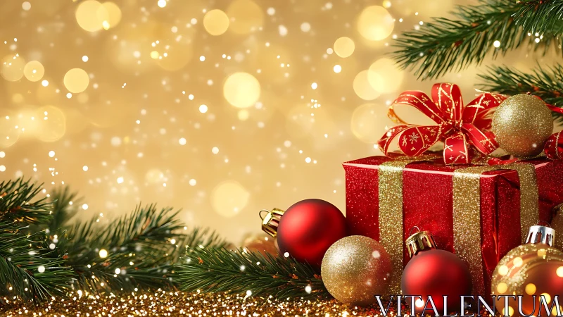 Red gift box with baubles on golden Christmas background.