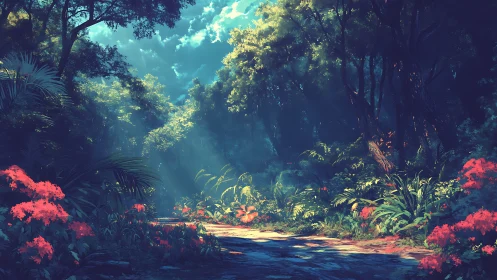 Luminous Forest Canyon with Vibrant Floral Gateway