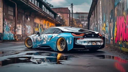 Graffiti-kissed BMW i8 prowls through neon-soaked backstreets.