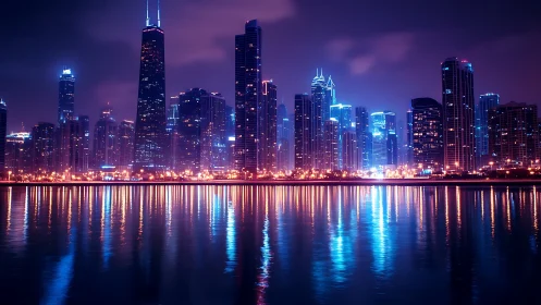 Neon-lit waterfront megacity skyline with reflective night haze