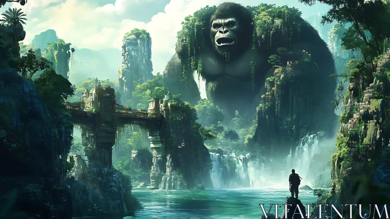 Colossal jungle gorilla looms above lost waterfall kingdom.