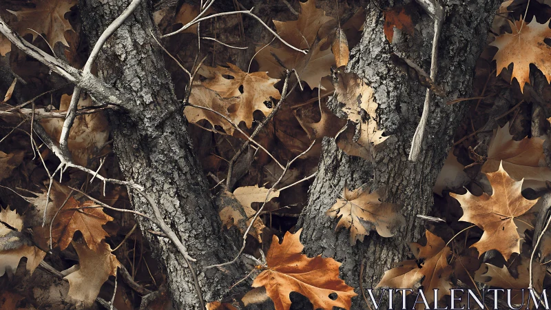 Leaf-littered bark quietly rehearses the choreography of fall