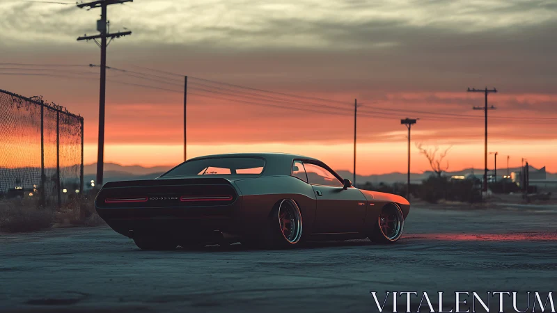 Muscle car rests under a cinematic desert sunset sky.