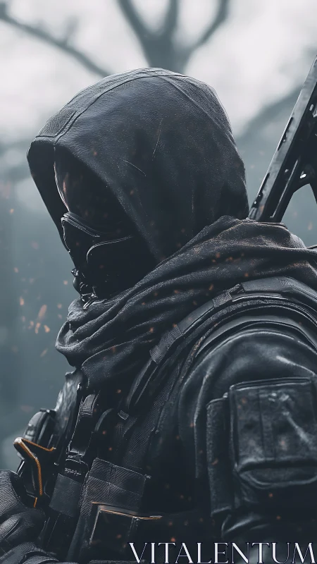 Hooded tactical operator in armored winter exfiltration stance.