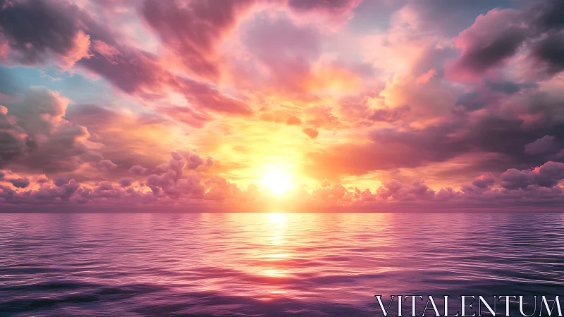 Radiant neon sunset spilling over tranquil digital ocean.