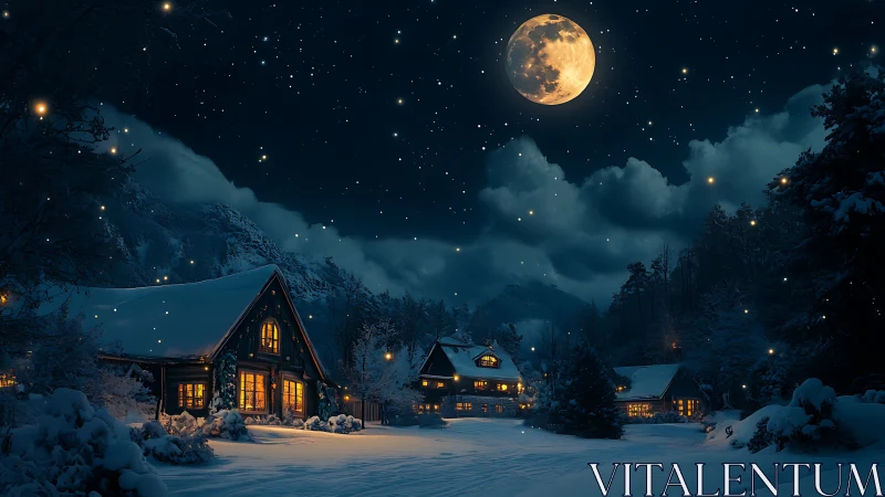 Moonlit winter cabins glowing softly beneath starry skies.