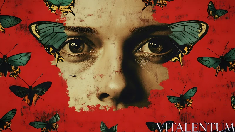 Surreal human gaze emerges amid teal butterflies on red.