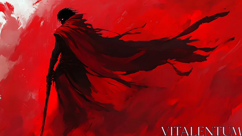 Lone warrior silhouette stands cloaked in violent crimson storm