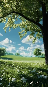 Rendered grassy meadow under tree canopy with scattered clouds