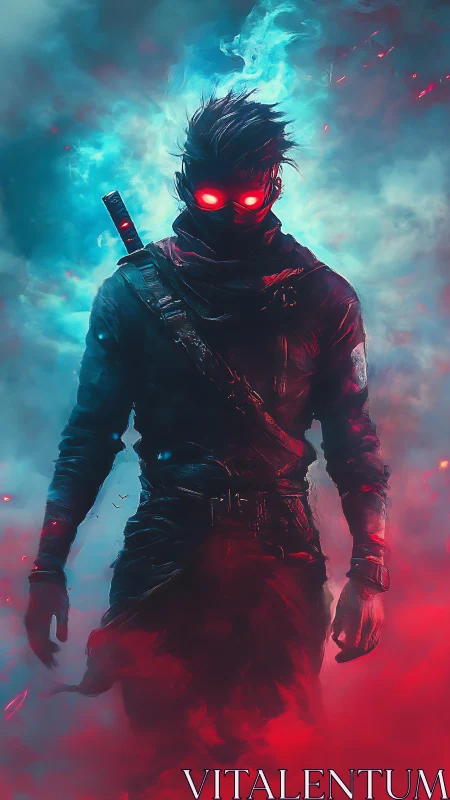 Cybernetic rogue with neon eyes in bifurcated smoke field.