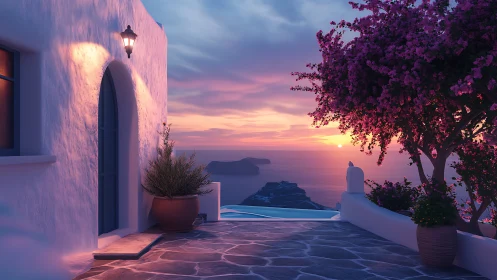 Sunset terrace over tranquil sea and blooming pink tree.