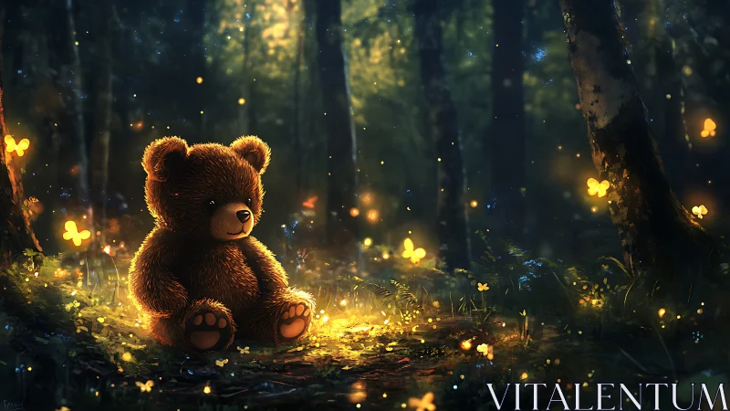 Gentle teddy bear basks in glowing forest firefly magic
