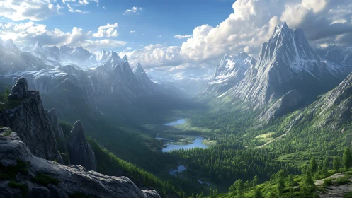 Expansive alpine valley rendered in high-detail digital realism