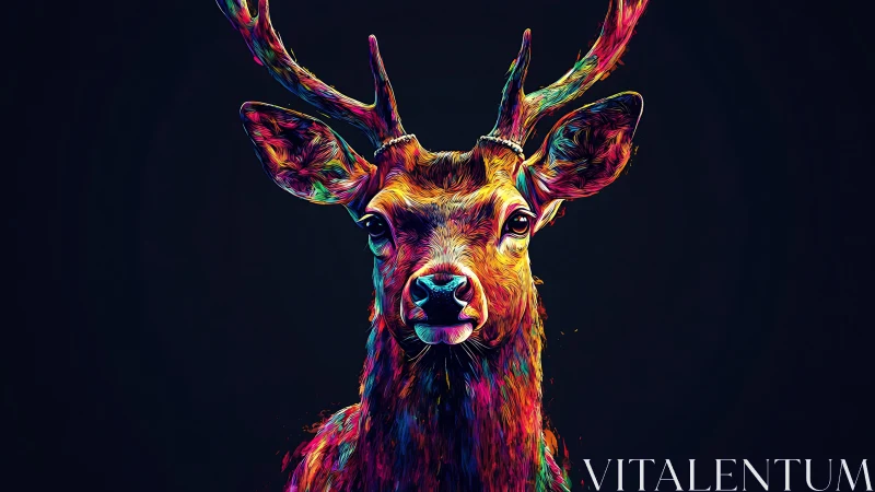Neon antlered stag blazing through the cosmic midnight hush.