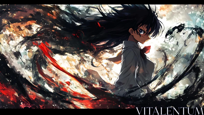 Vortex-bound anime heroine amid turbulent chromatic energy field.