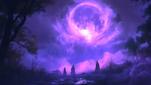 Three cloaked figures observe large luminous vortex in sky