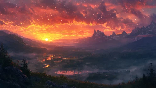 Sunset stitches fiery constellations above misty valley rivers