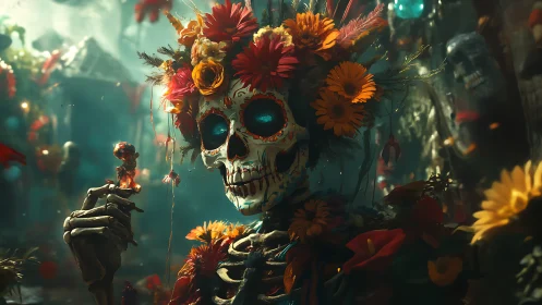 Floral crowned skeleton in luminous D&iacute;a de Muertos bloom.
