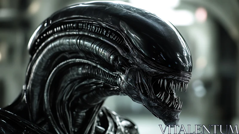 Biomechanical alien head rendered in hyperreal cinematic 3D