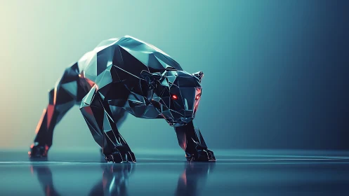 Low-poly black panther stalks across reflective neon floor