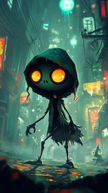 Cyberpunk alley creature with glowing eyes and neon haze.