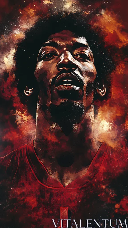 Stylized male portrait within red nebula-like background.