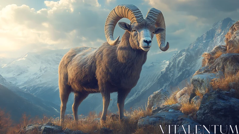 Mountain sheep stands on rocky slope before distant peaks