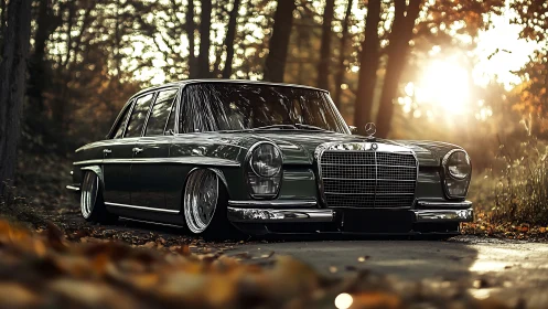 Classic lowered sedan in golden forest sunset glow scene.