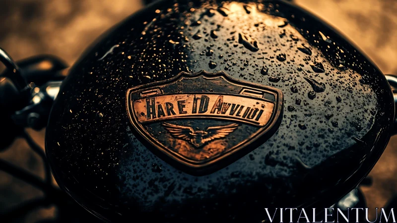 Motorcycle tank emblem catches rain in warm dusk light.