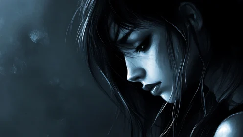 Monochrome side-lit female profile rendered in high-contrast digital painting