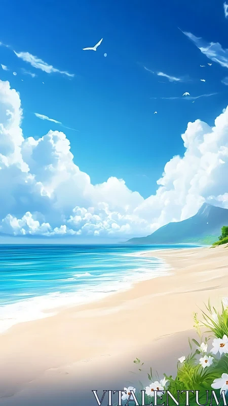 Digital seascape depicts shoreline, clouds and distant hills